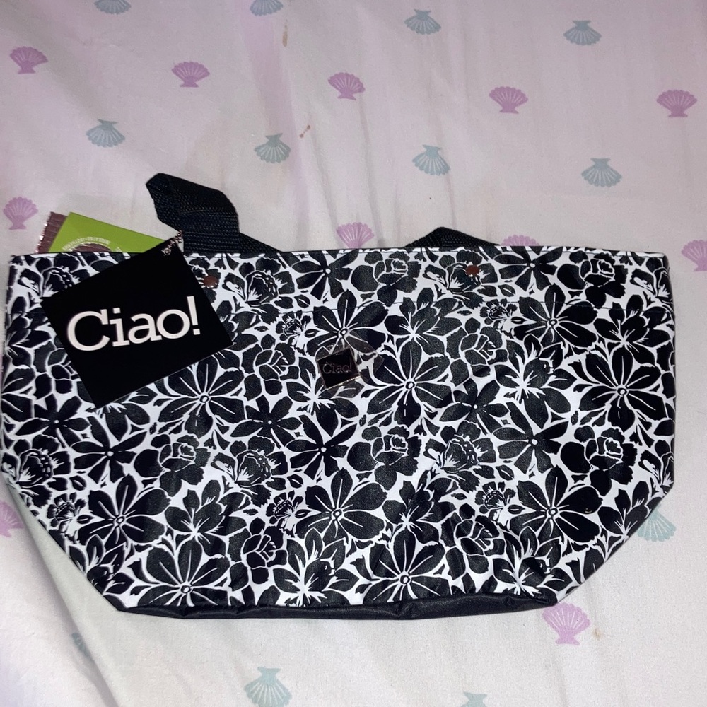 Black and White Floral insulated Tote Bag